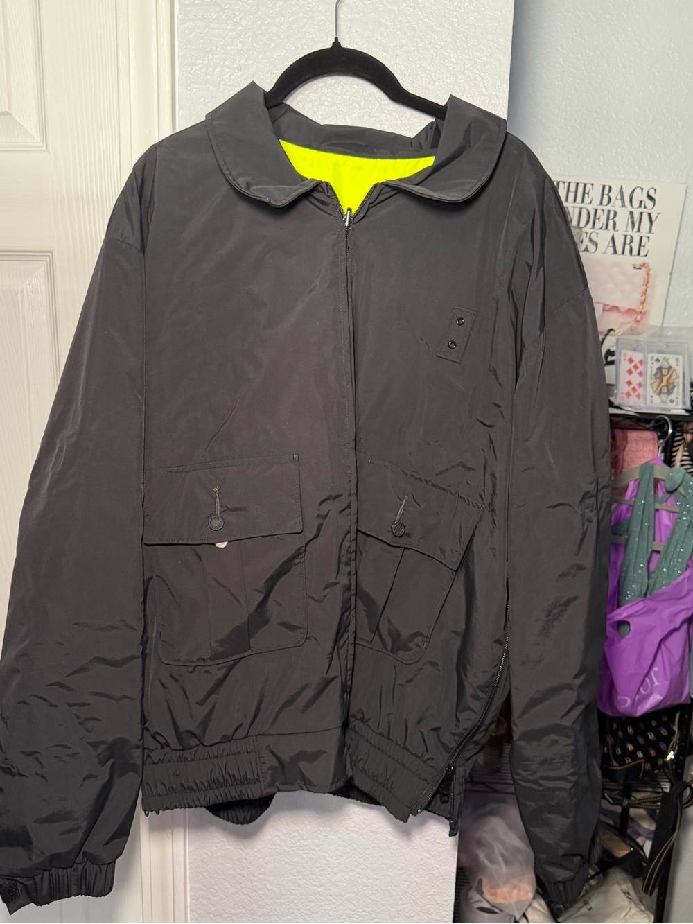 Men’s Reversible Bomber Jacket Gray Neon High Vis Safety Work Zip Side - Large